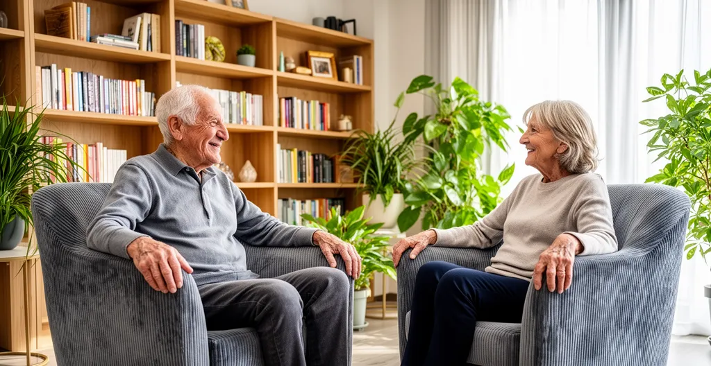 Deux seniors discutant dans des fauteuils confortables dans un salon de résidence