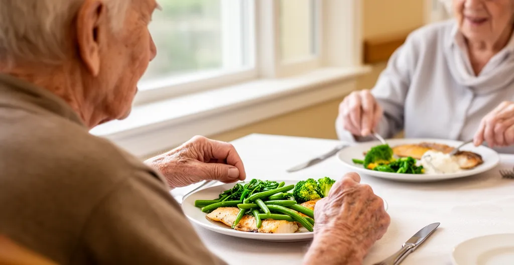 Senior attablé devant un repas équilibré dans une salle de restaurant lumineuse