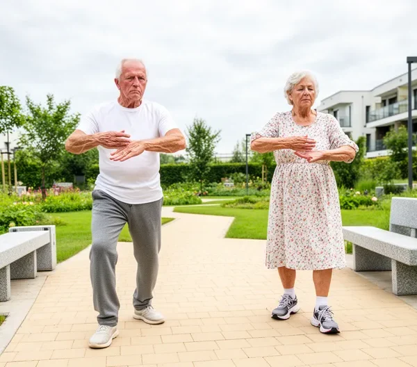 Deux seniors pratiquant des exercices de gym douce dans un jardin paysagé de résidence
