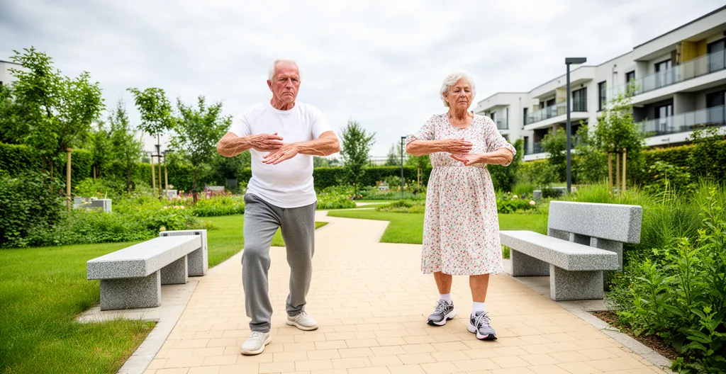 Deux seniors pratiquant des exercices de gym douce dans un jardin paysagé de résidence