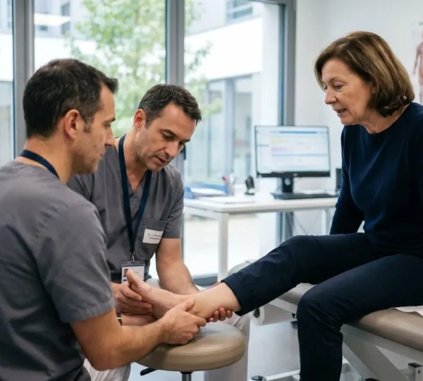 Un chirurgien orthopédiste examine le pied d'un patient dans un cabinet médical contemporain éclairé par la lumière naturelle d'une fenêtre