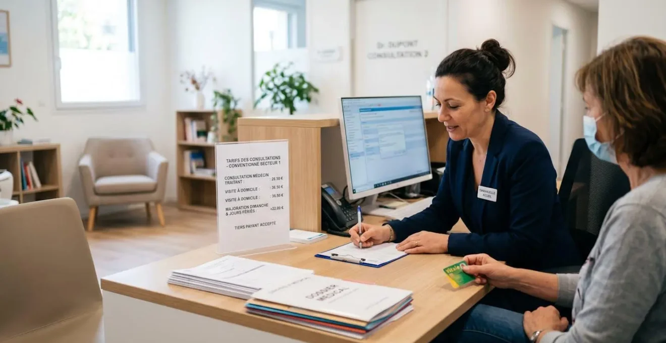 Bureau de consultation médicale avec documents administratifs et informations tarifaires, lumière naturelle