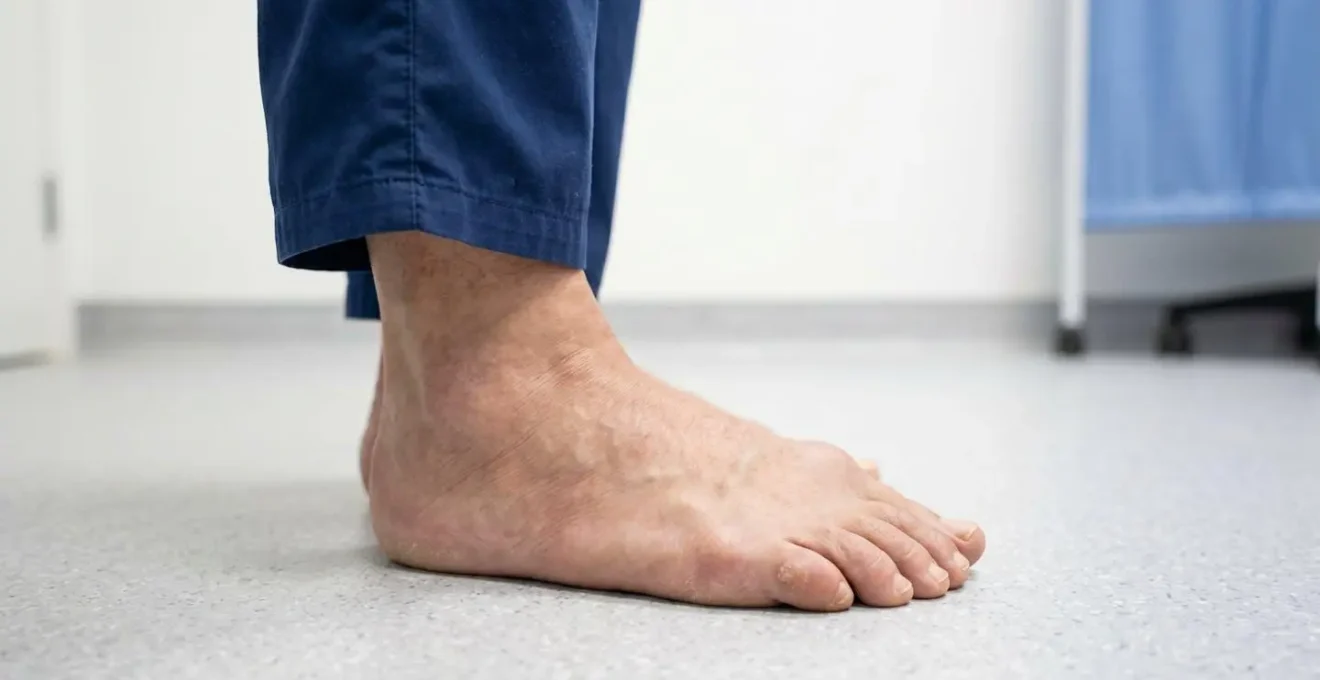 Vue rapprochée d'un pied présentant une déformation en hallux valgus, patient debout en appui, éclairage médical